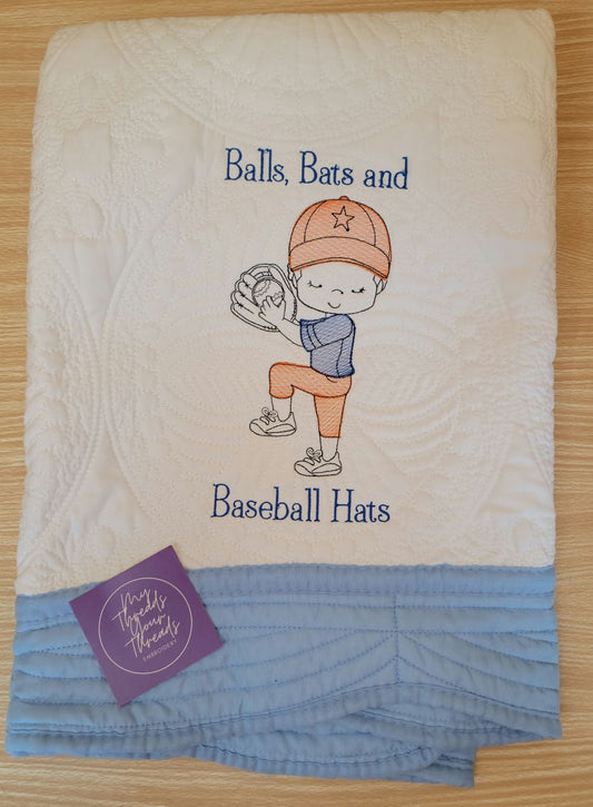 Baby Quilt-Balls, Bats, and Baseball Hats (White/Blue)