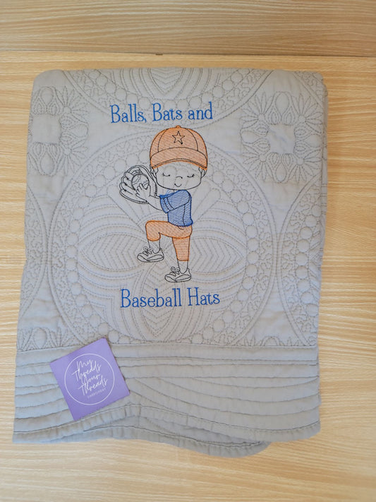 Baby Quilt-Balls, Bats, and Baseball Hats (Grey)