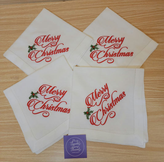 Linen Dinner Napkins-Merry Christmas (Corner)